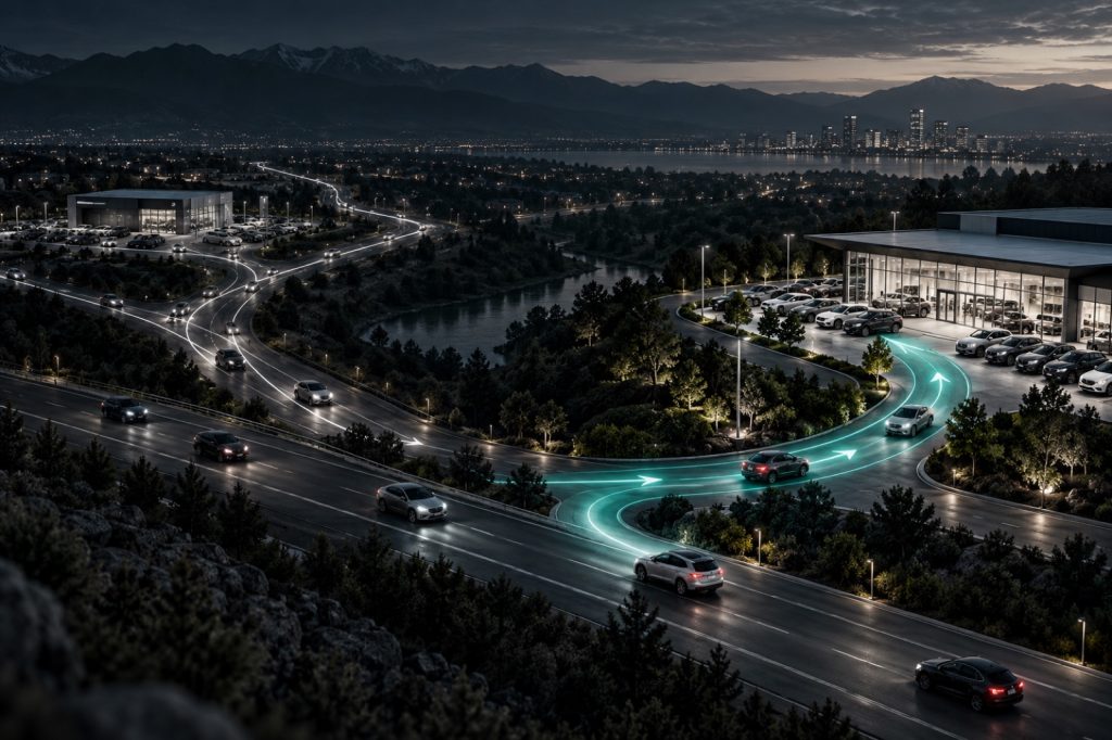 Automotive conquest campaign routes connecting targeted buyers with dealerships